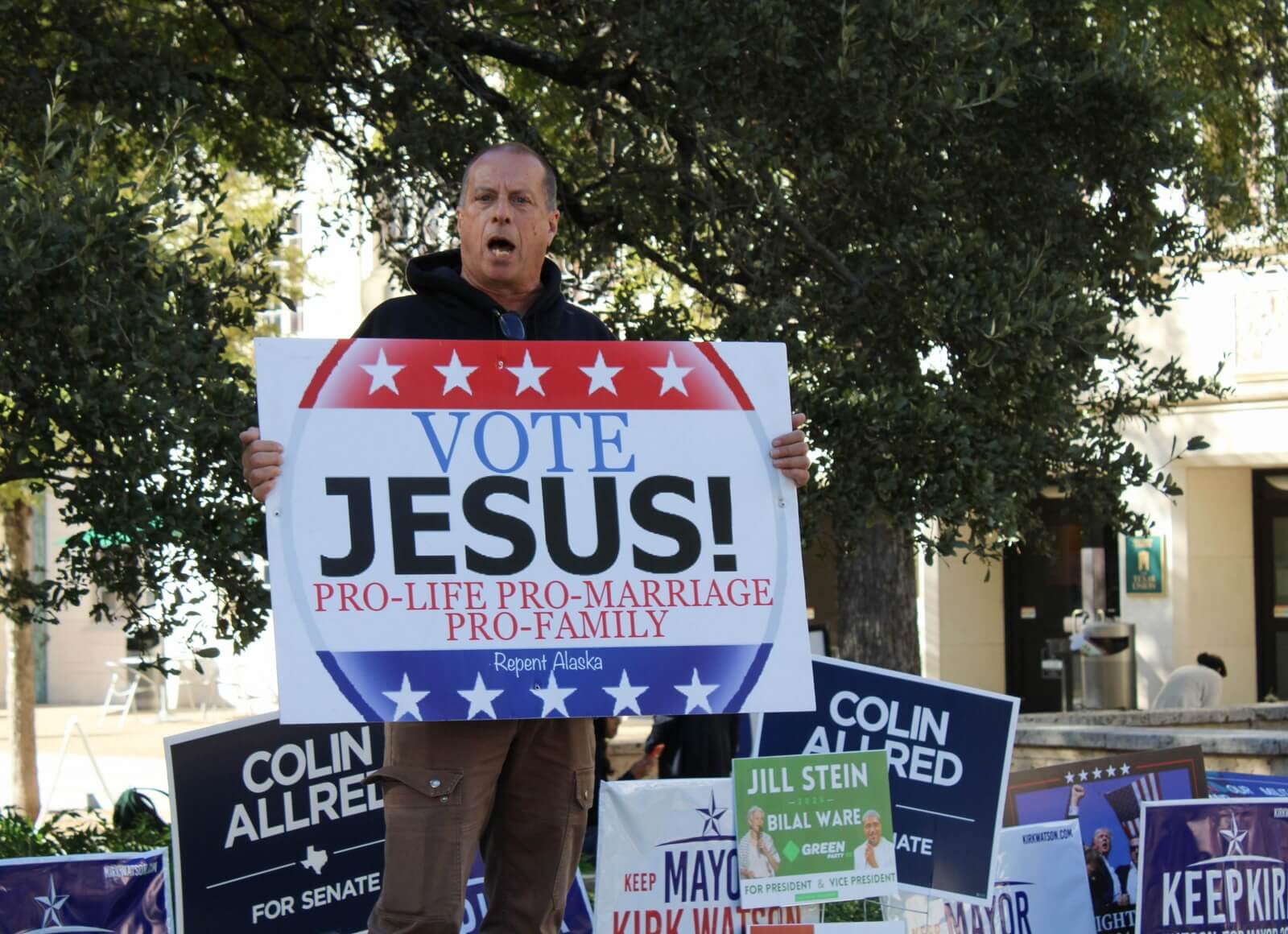 Vote Jesus sign at public event